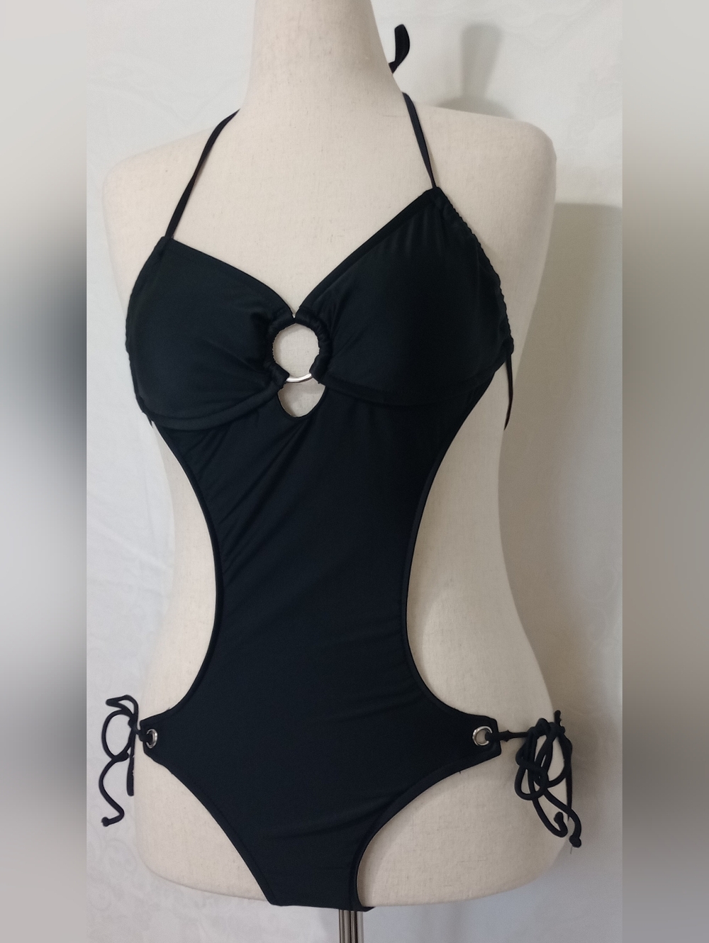 Black Cutout Monokini with Silver Ring Accent